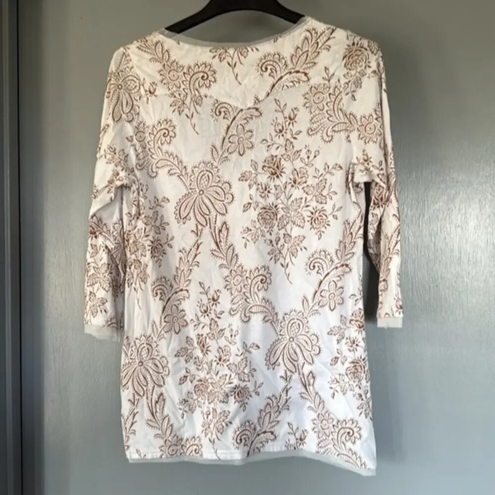 Roper White Floral Babydoll Western Pullover Top Rhinestone VNeck Long Sleeve XL